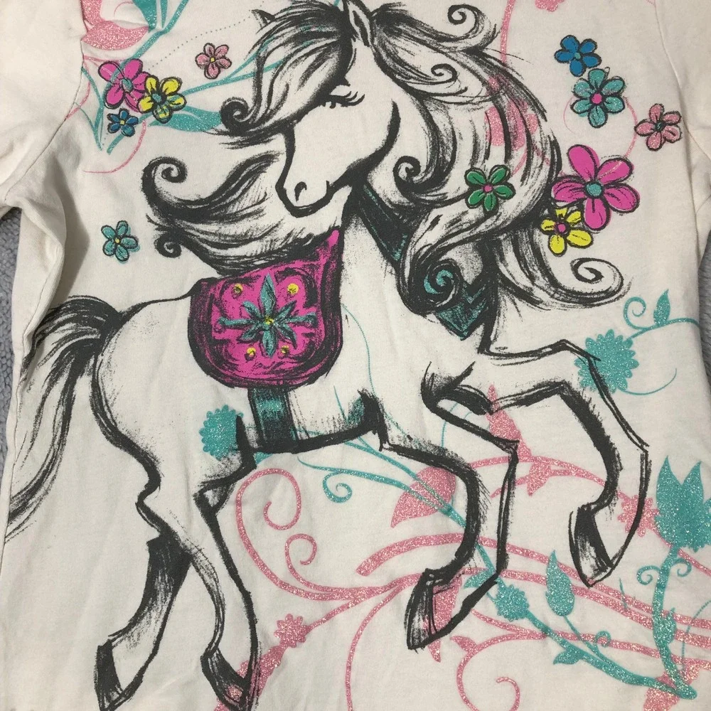 The‎ Children's Place Horse Graphic Tee Girls L 10/12 Cream Glitter Floral L/S